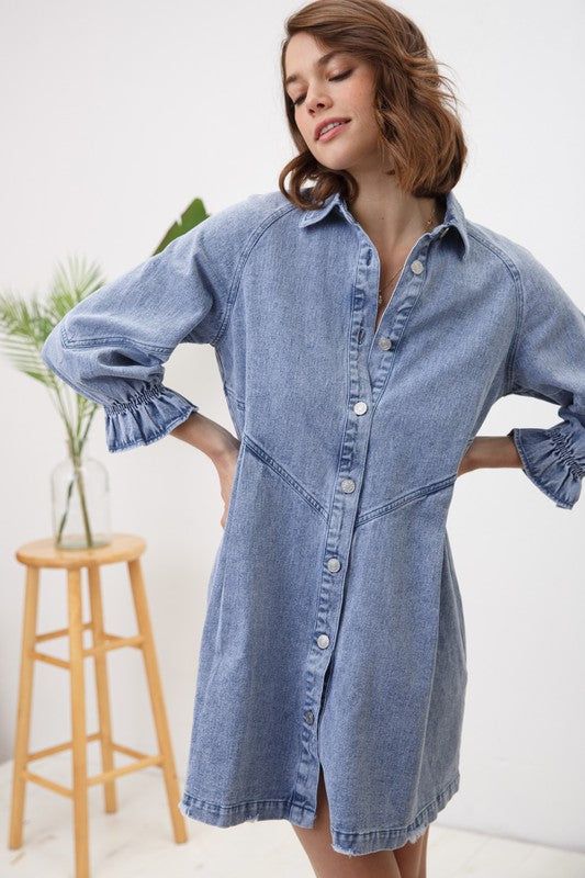 Women's Blue B Washed Denim Dress - us.meeeshop