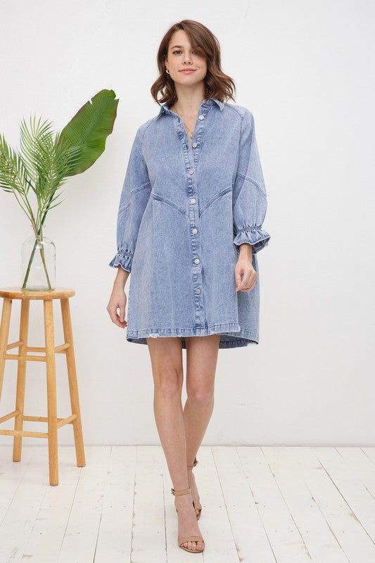 Women's Blue B Washed Denim Dress - us.meeeshop