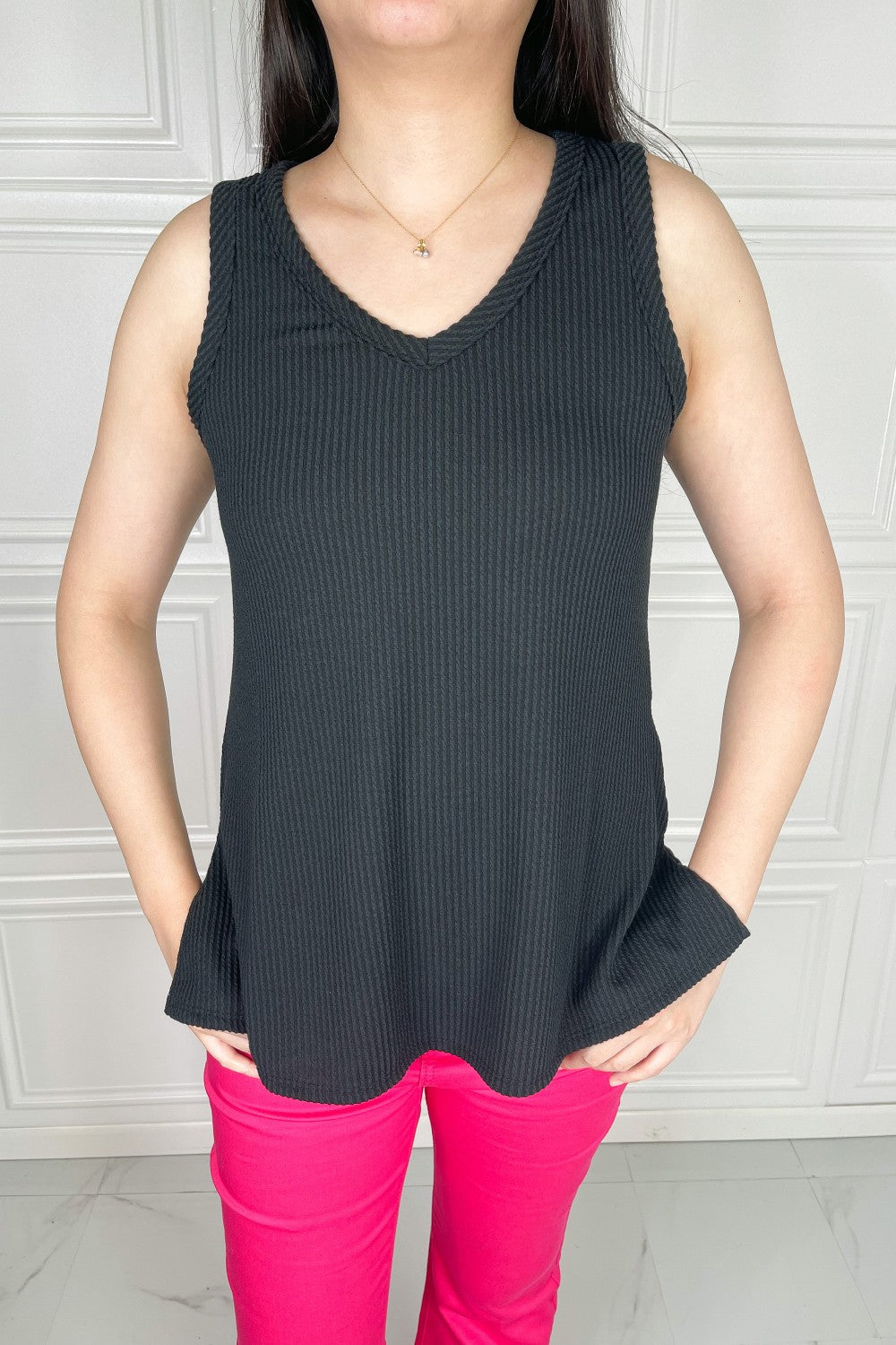 Blumin Apparel Chance of Sun Full Size Ribbed V-Neck Tank in Black | us.meeeshop