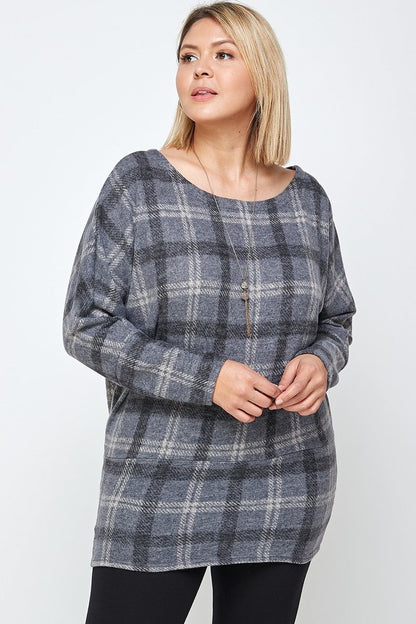 Boat Neck, Plaid Print Tunic Top, With Long Dolman Sleeves | us.meeeshop