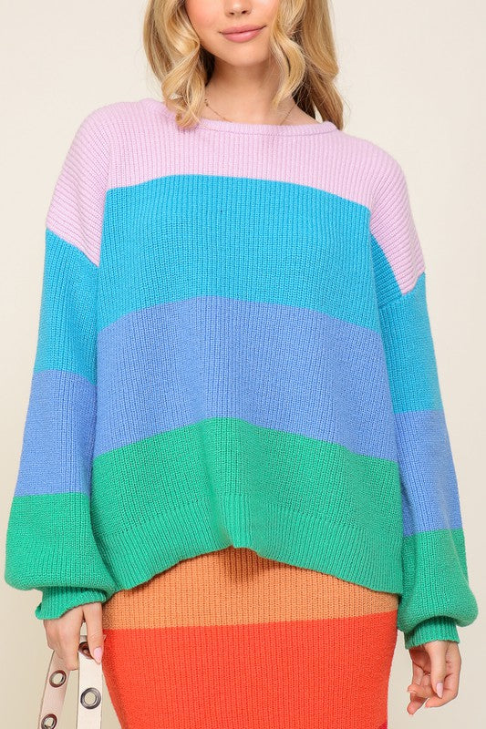 Bold Rainbow Stripe Oversized Chunky Knit Pullover | us.meeeshop