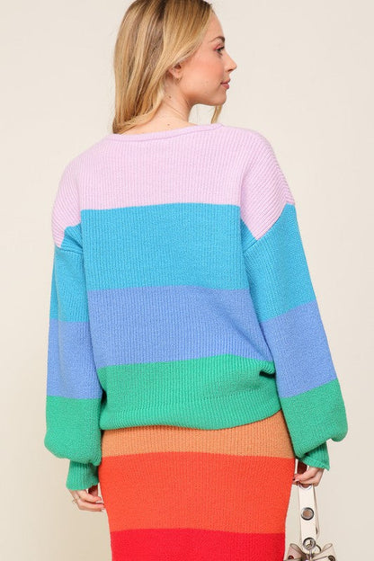 Bold Rainbow Stripe Oversized Chunky Knit Pullover | us.meeeshop