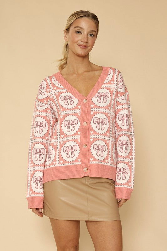 Bow tiled knit cardigan us.meeeshop - 