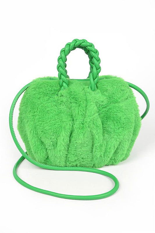 Braided Handle Faux Fur Plushy Bag us.meeeshop - Handbags