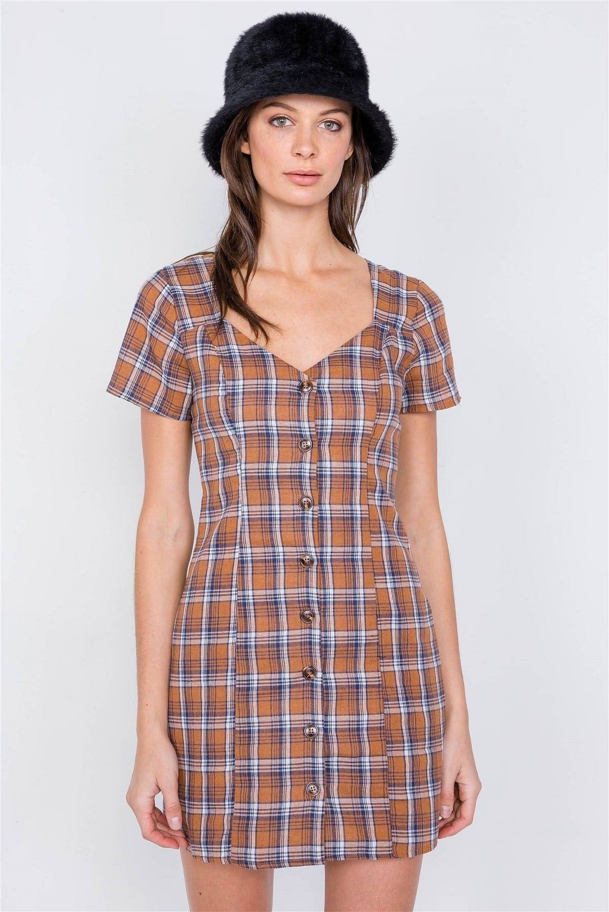 Brown Multi Checkered Stripe Casual Open Back Vintage Mini Dress | us.meeeshop