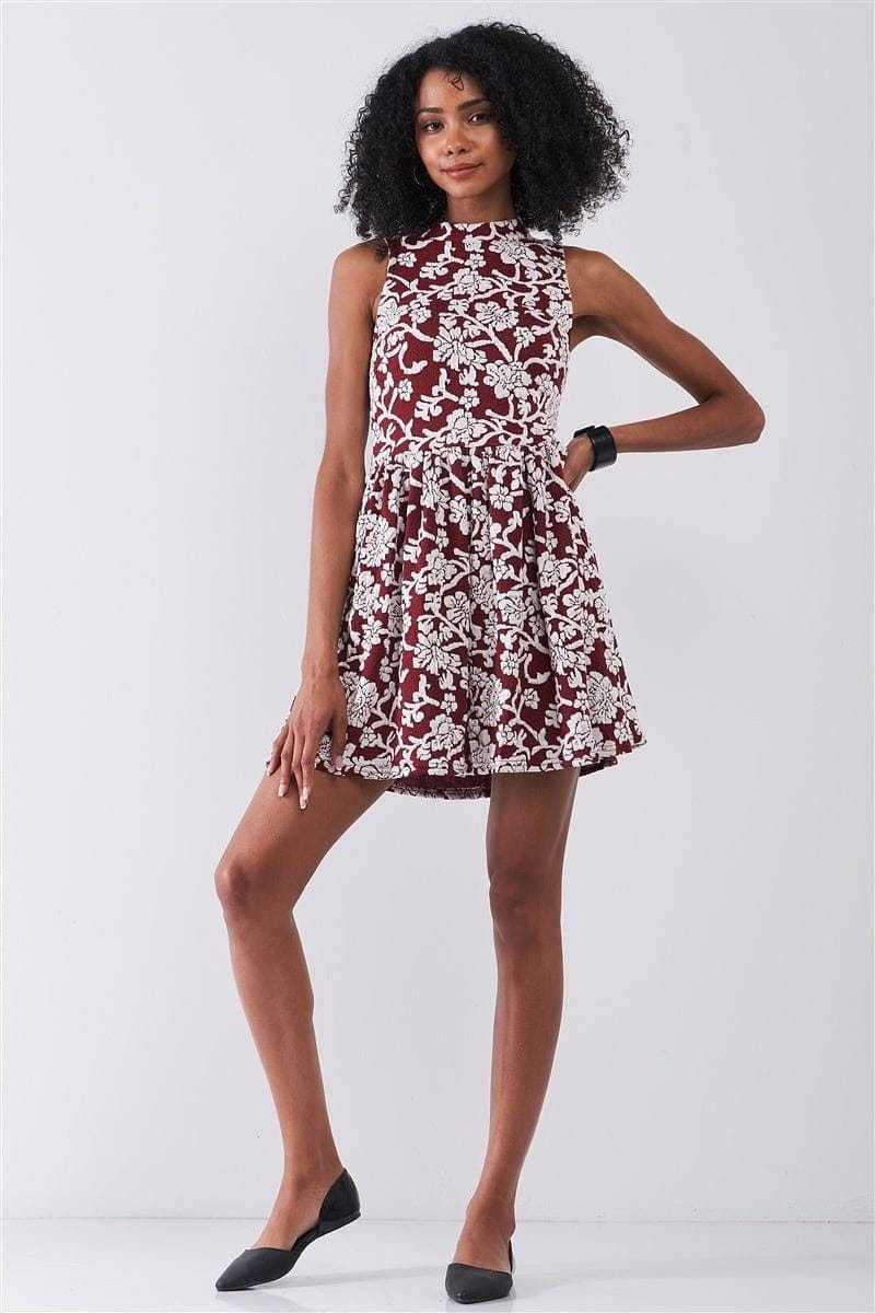 Burgundy & White Floral Crew Neck Sleeveless Fitted Mini Dress | us.meeeshop