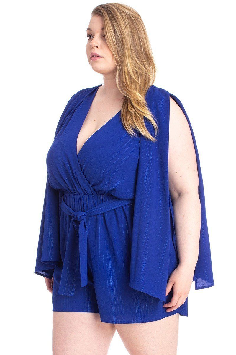 Shimmer Fabric Draped Open Sleeve Romper | us.meeeshop