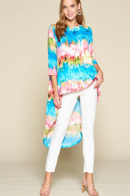 Tie-dye Venechia High Low Fashion Top With 3/4 Sleeves | us.meeeshop