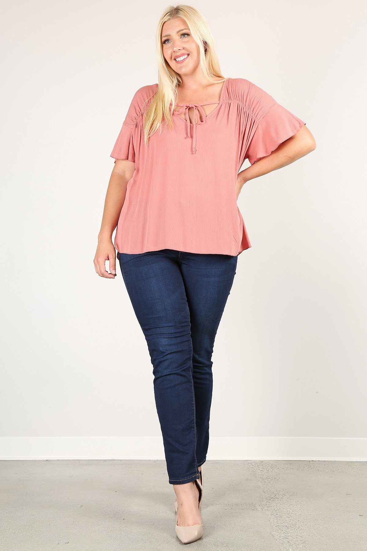 Plus Size Solid Top With A Necktie, Pleated Detail, And Flutter Sleeves | us.meeeshop