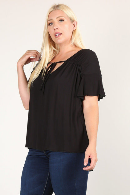 Plus Size Solid Top With A Necktie, Pleated Detail, And Flutter Sleeves | us.meeeshop
