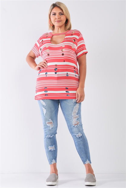 Plus Striped And Distressed Cut-out Top | us.meeeshop