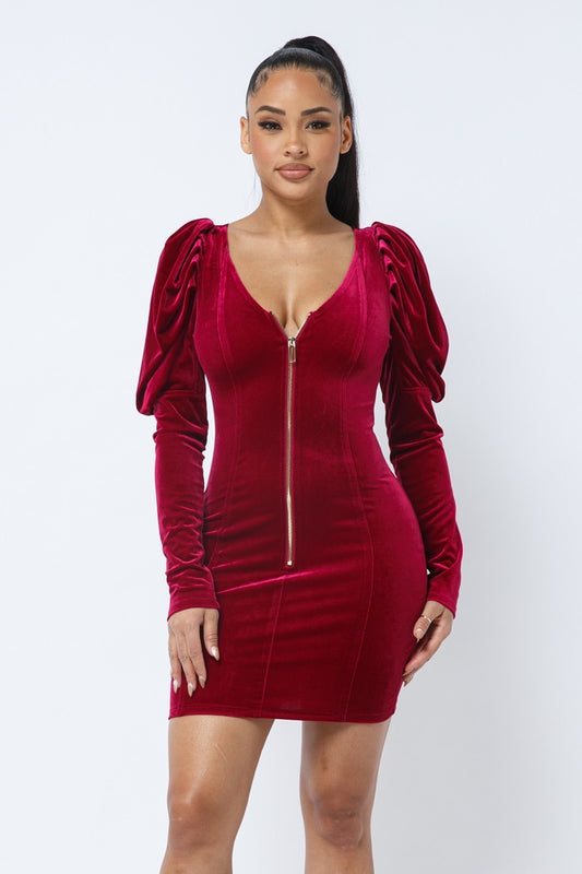 Soft Velvet Pleated Puff Sleeve Low V Neck Front And Back Mini Dress | us.meeeshop