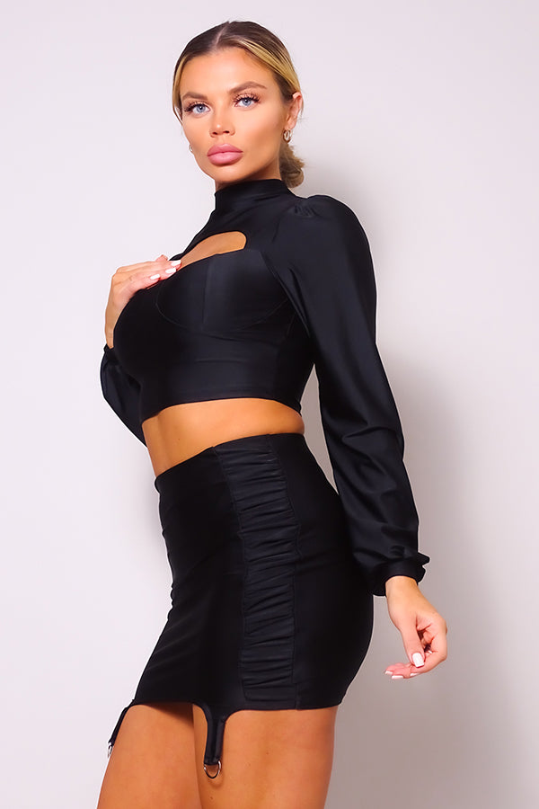 Puff Long Sleeve Front Cutout Turtleneck Blouse & Side Ruched Garter Mini Skirt Set | us.meeeshop