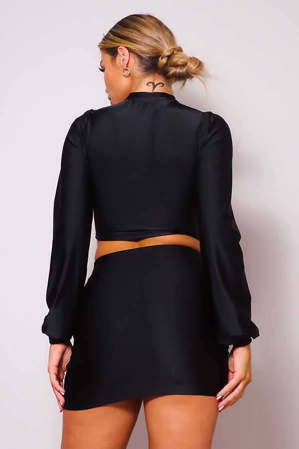 Puff Long Sleeve Front Cutout Turtleneck Blouse & Side Ruched Garter Mini Skirt Set | us.meeeshop