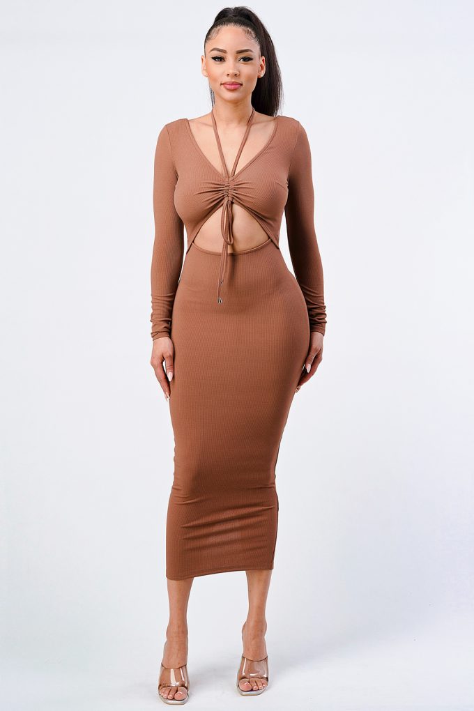 Trendy Front Shirring Cut-out Long Sleeved Dress | us.meeeshop