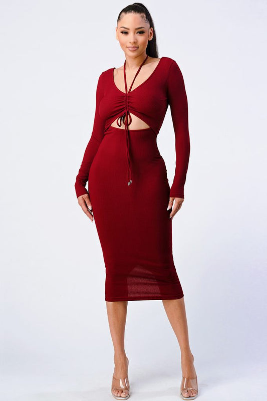 Trendy Front Shirring Cut-out Long Sleeved Dress | us.meeeshop
