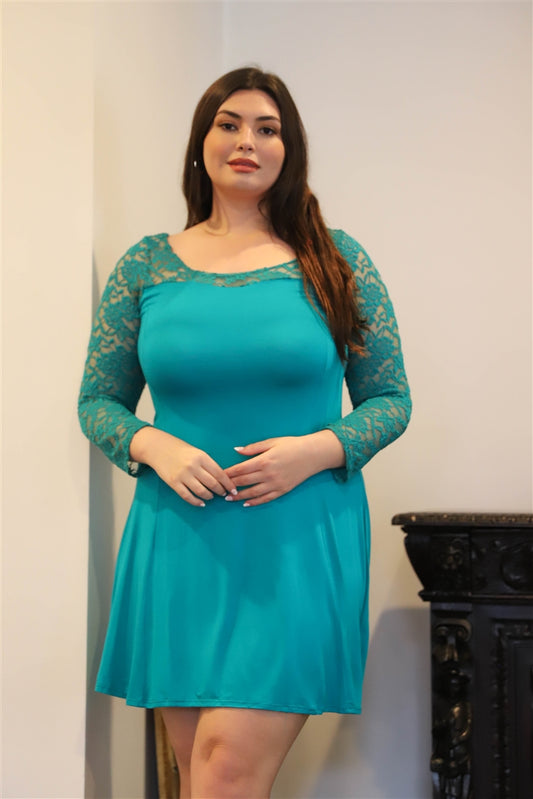 Plus Lace Detail Long Sleeve Mini Dress | us.meeeshop