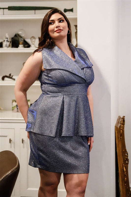 Plus Glitter Collared Peplum Mini Dress | us.meeeshop
