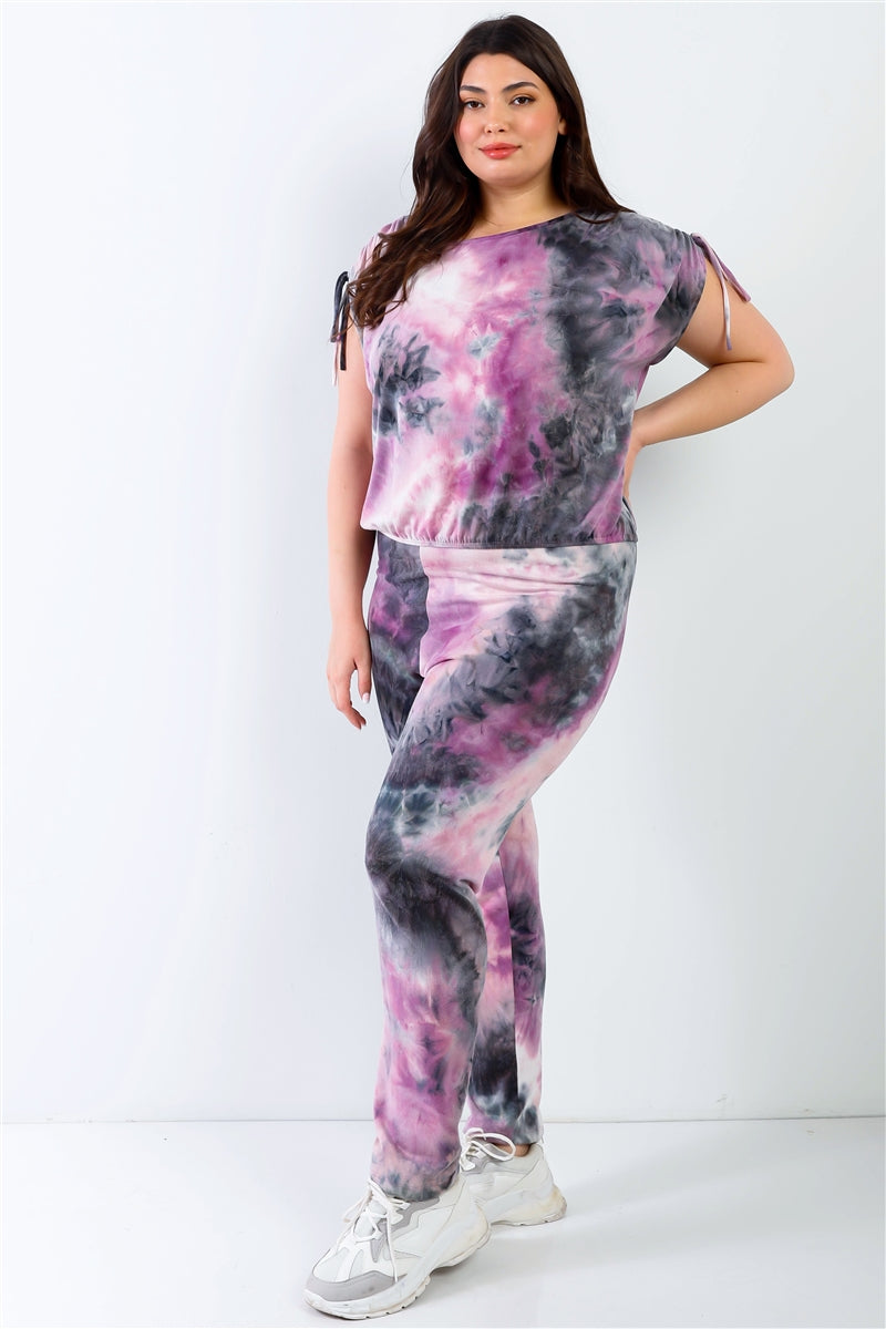 Plus Purple & Black Tie-dye Ruched Shoulder Detail Top & Pants Set | us.meeeshop