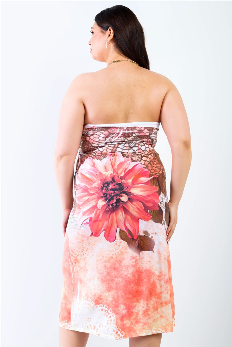 Plus Peach Flower Print Sleeveless Midi Dress | us.meeeshop
