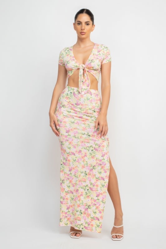 Front Knot Floral Top & Ruched Maxi Skirts Set | us.meeeshop