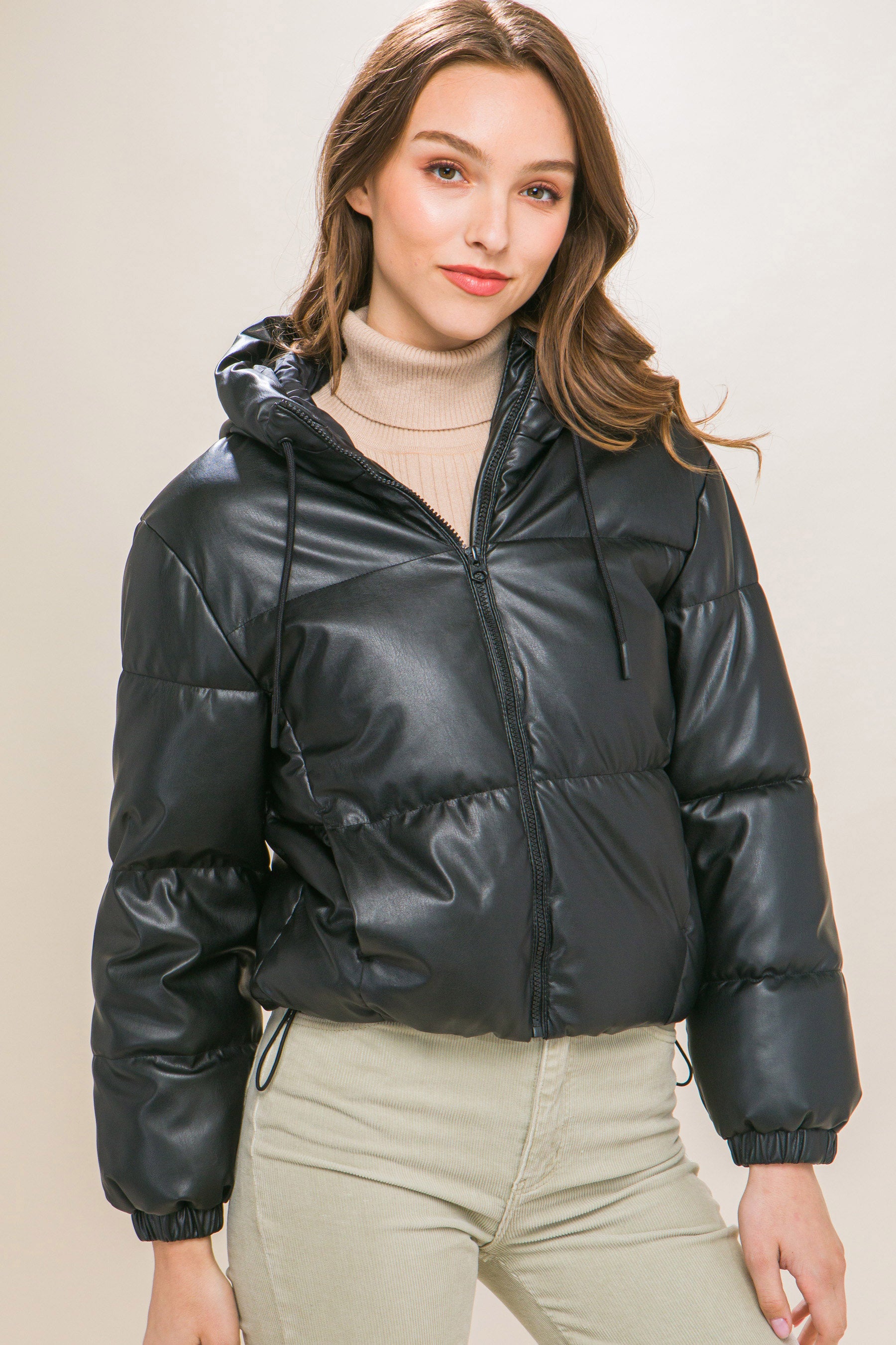 Pu Faux Leather Zipper Hooded Puffer Jacket | us.meeeshop