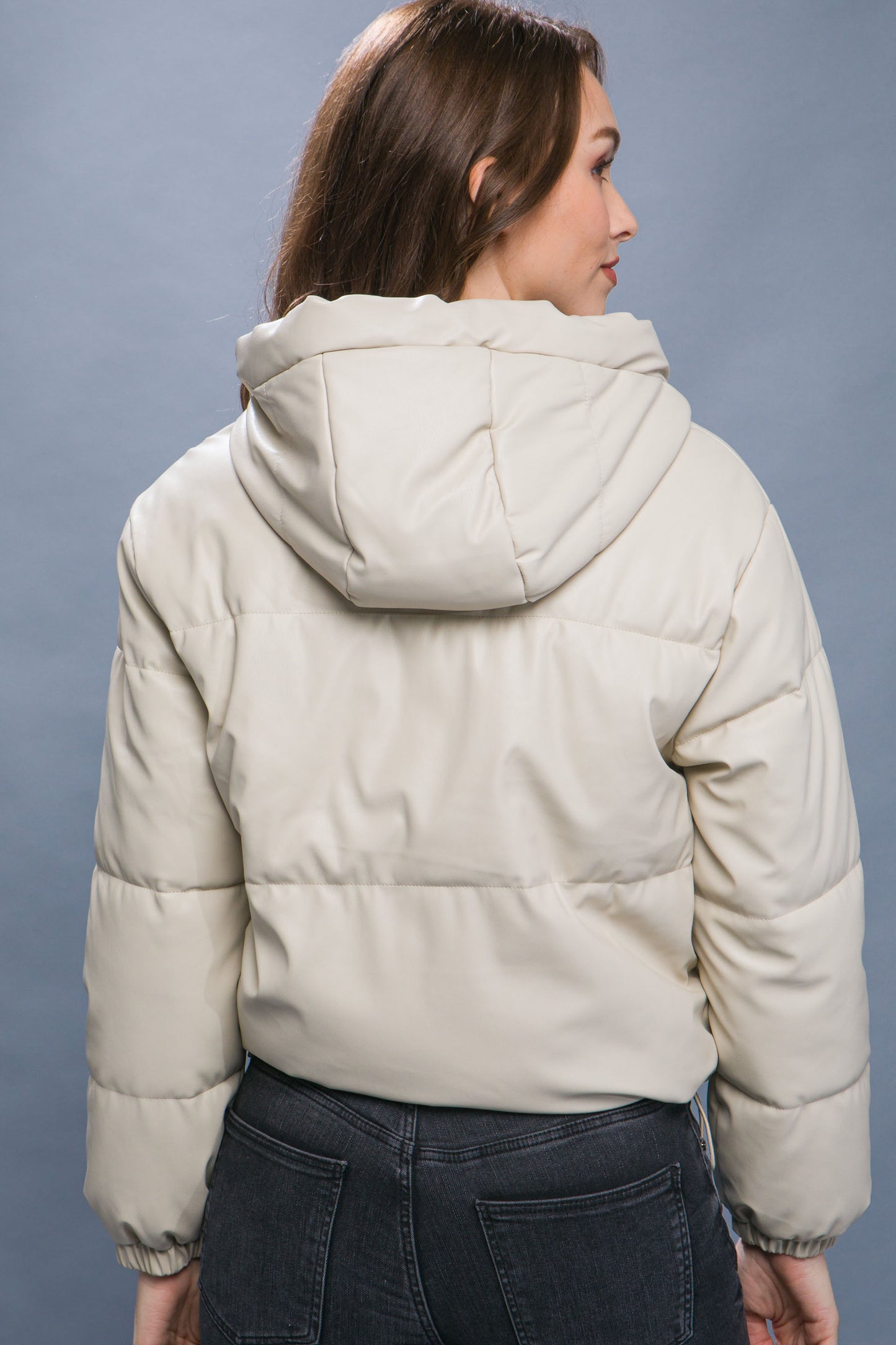 Pu Faux Leather Zipper Hooded Puffer Jacket | us.meeeshop