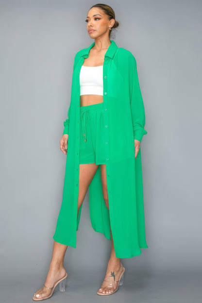 Chiffon Button Down Long Sleeve Side Slit Long Top With Short Set | us.meeeshop
