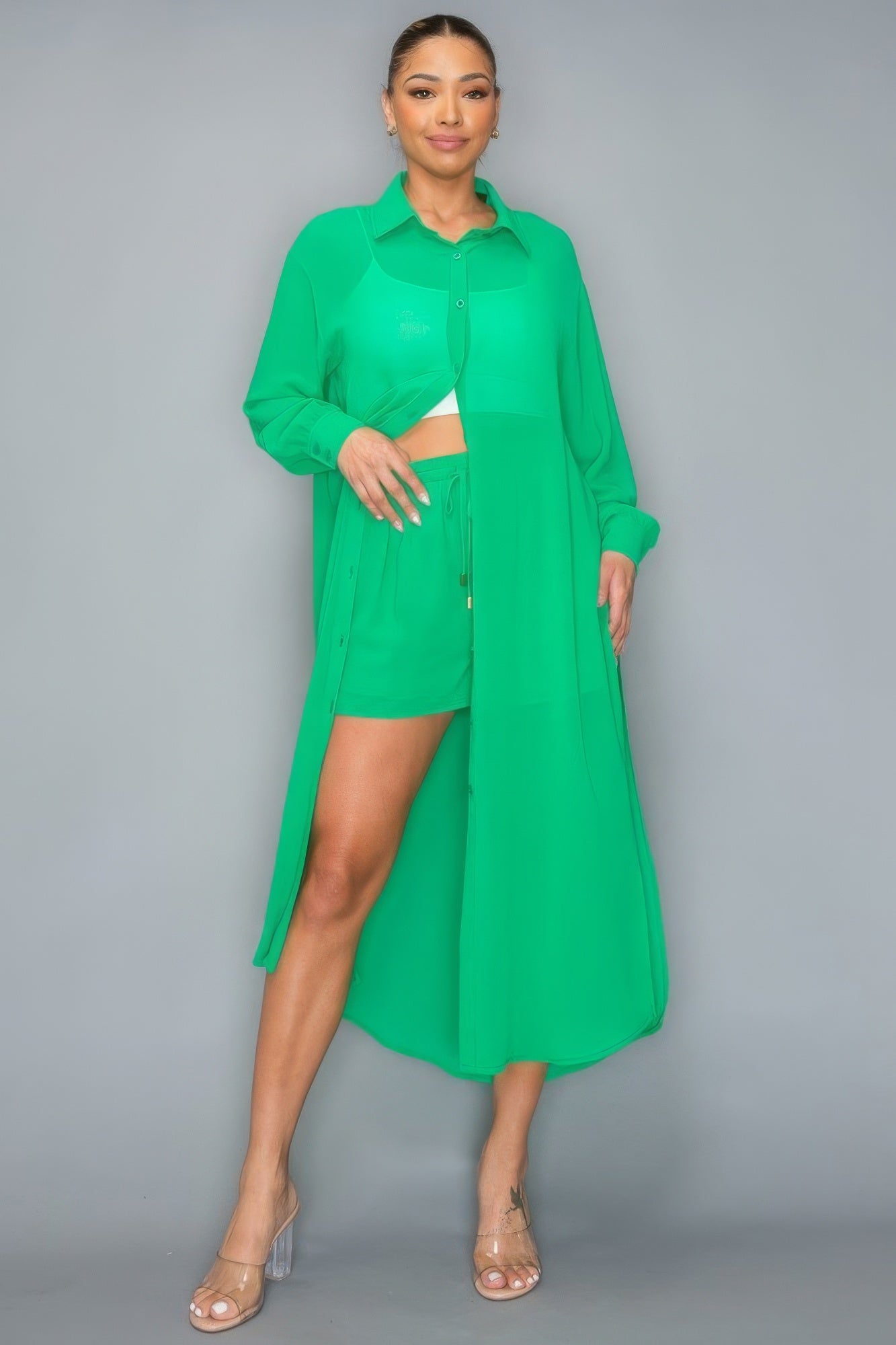Chiffon Button Down Long Sleeve Side Slit Long Top With Short Set | us.meeeshop
