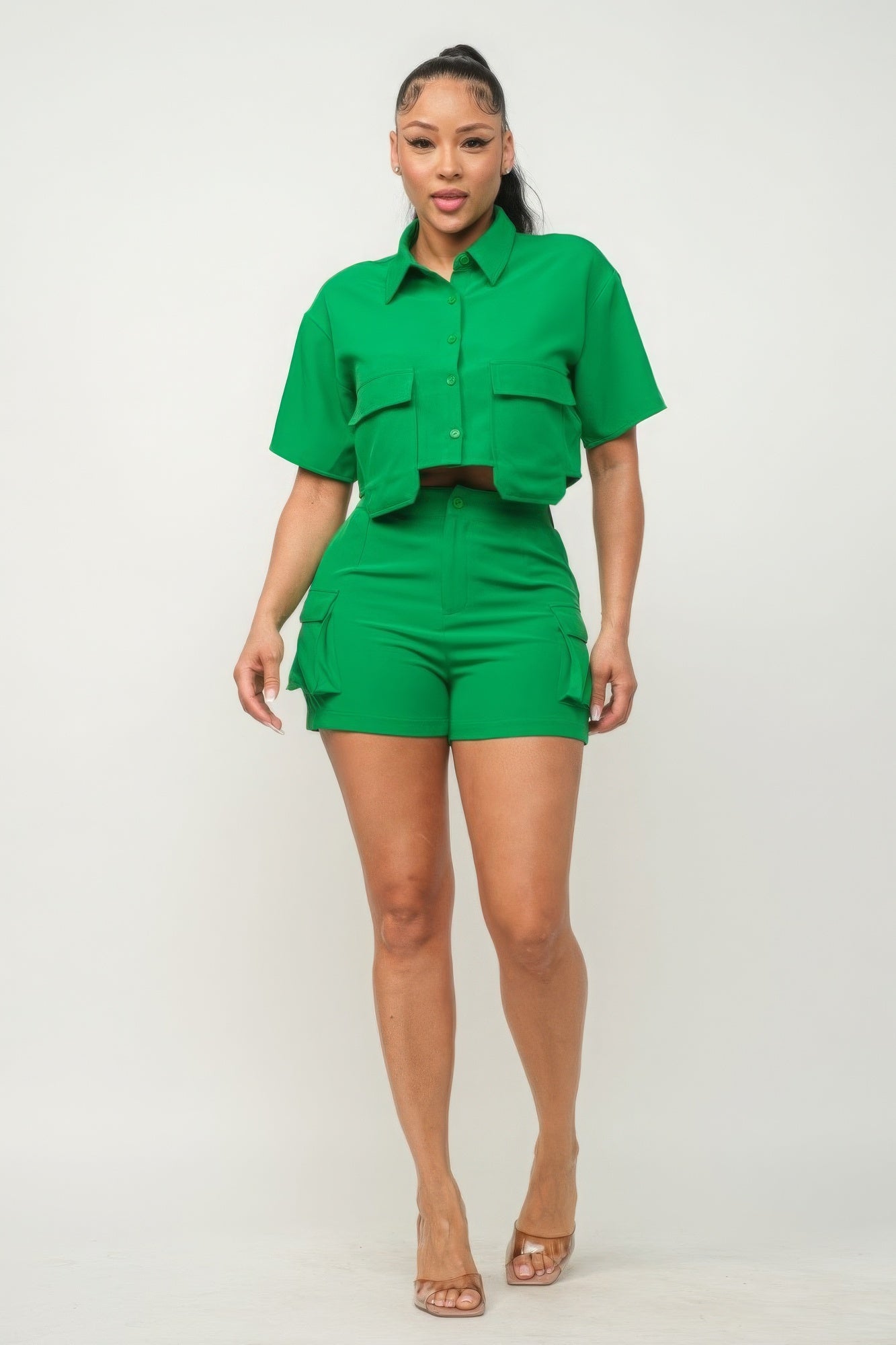Front Button Down Side Pockets Top And Shorts Set | us.meeeshop