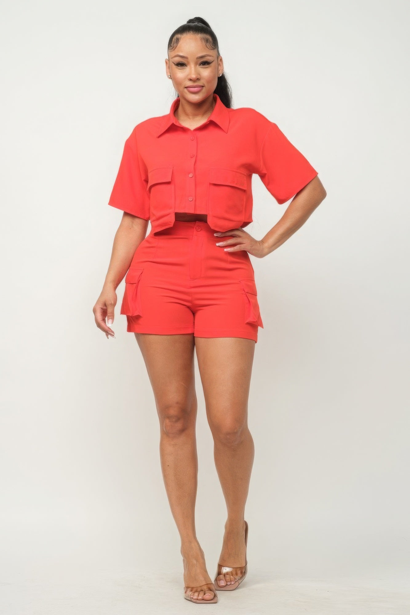 Front Button Down Side Pockets Top And Shorts Set | us.meeeshop