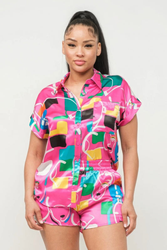 Satin Dolman Print Button Down Top And Shorts Set | us.meeeshop