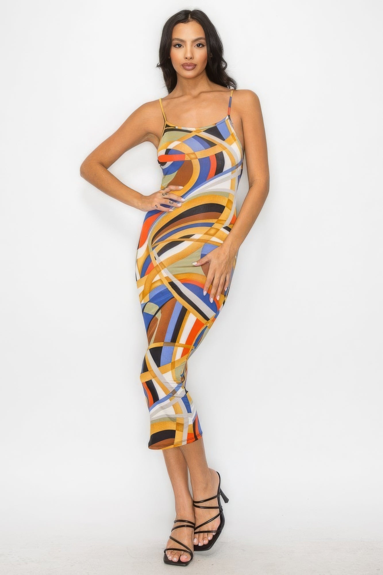 Crossed Back Marble Print Multicolor Midi Dress | us.meeeshop