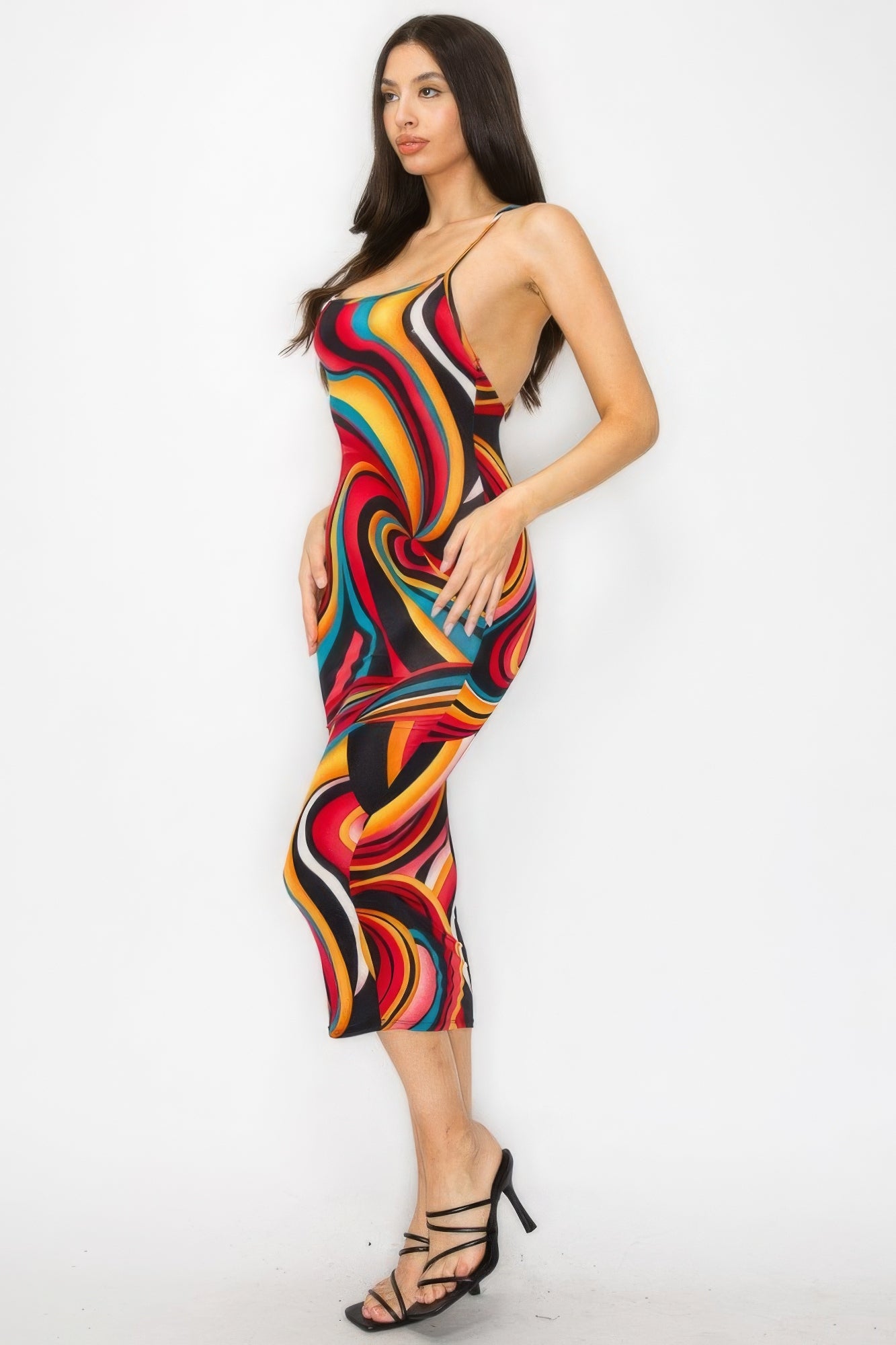 Crossed Back Marble Print Multicolor Midi Dress | us.meeeshop