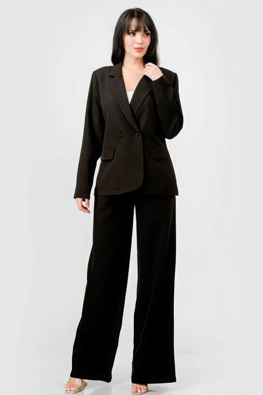 Luxe Stretch Woven Loose Fit Blazer And Wide Legs Pants Semi Formal Set | us.meeeshop