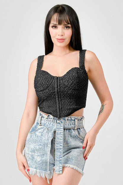 Crinkle Stretch Knit Sweetheart Hooked Bustier Cropped Top | us.meeeshop