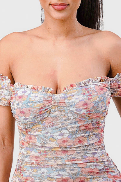 Floral Print Mesh Sweetheart Ruffled Off Shoulder Ruched Mini Dress | us.meeeshop