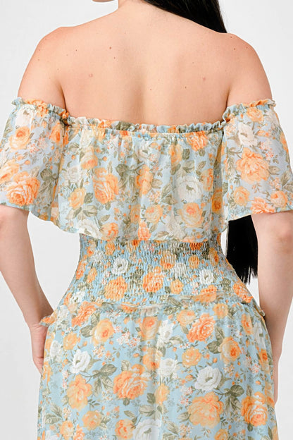 Floral Chiffon Off Shoulder Smocked Back Ruffled Tiered Maxi Dress | us.meeeshop