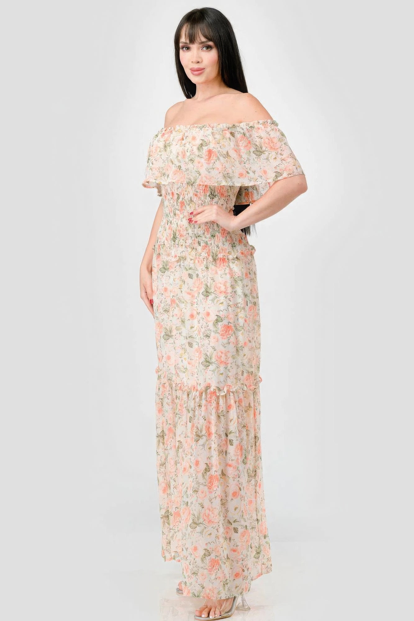 Floral Chiffon Off Shoulder Smocked Back Ruffled Tiered Maxi Dress | us.meeeshop