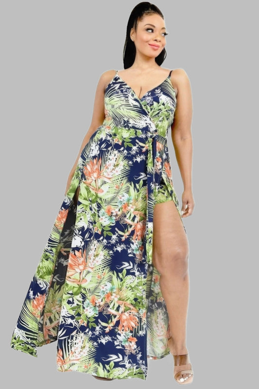 Plus Tropical Leaf Print Surplice Maxi Dress | us.meeeshop