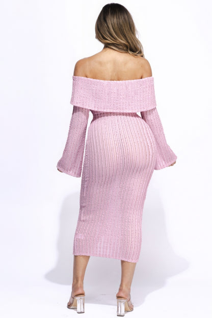 Ruffled Fabric Off Shoulder Midi Dress With Flared Sleeve | us.meeeshop