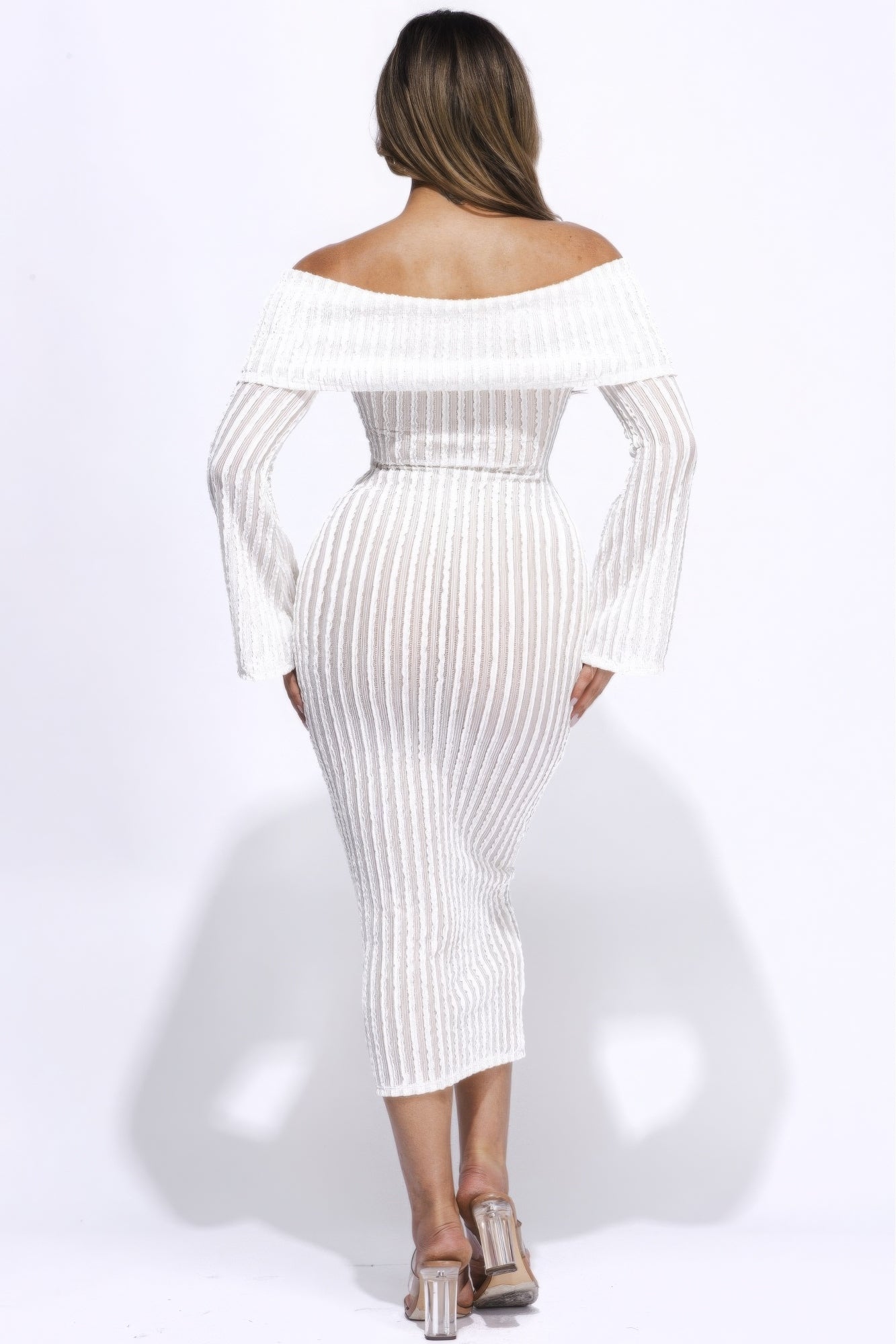 Ruffled Fabric Off Shoulder Midi Dress With Flared Sleeve | us.meeeshop