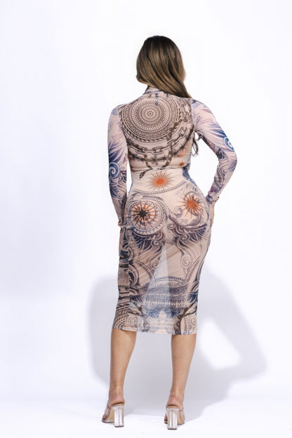 Tattoo Body Print Mesh Midi Dress | us.meeeshop