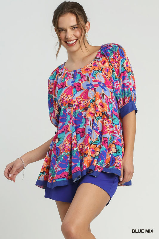 Floral Print Round Neck Pleated Baby Doll Top With 3/4 Sleeves | us.meeeshop