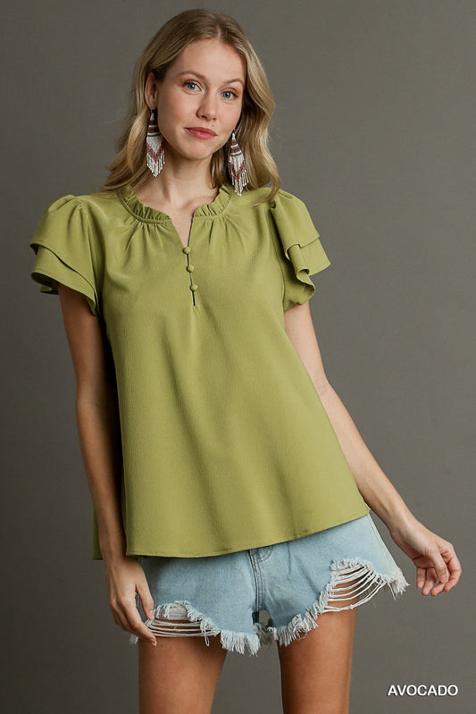 Boxy Cut Faux Button Ruffle Neckline Top With Short Layered Sleeves | us.meeeshop