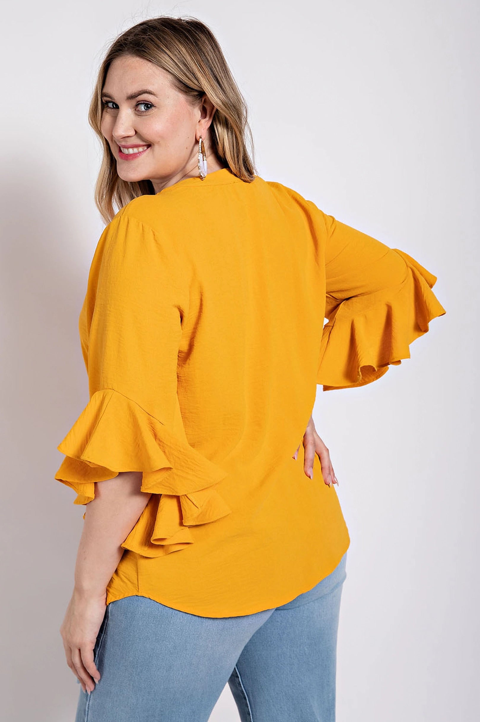 Ruffled Bell Sleeve And Front Pleated Detail Top | us.meeeshop