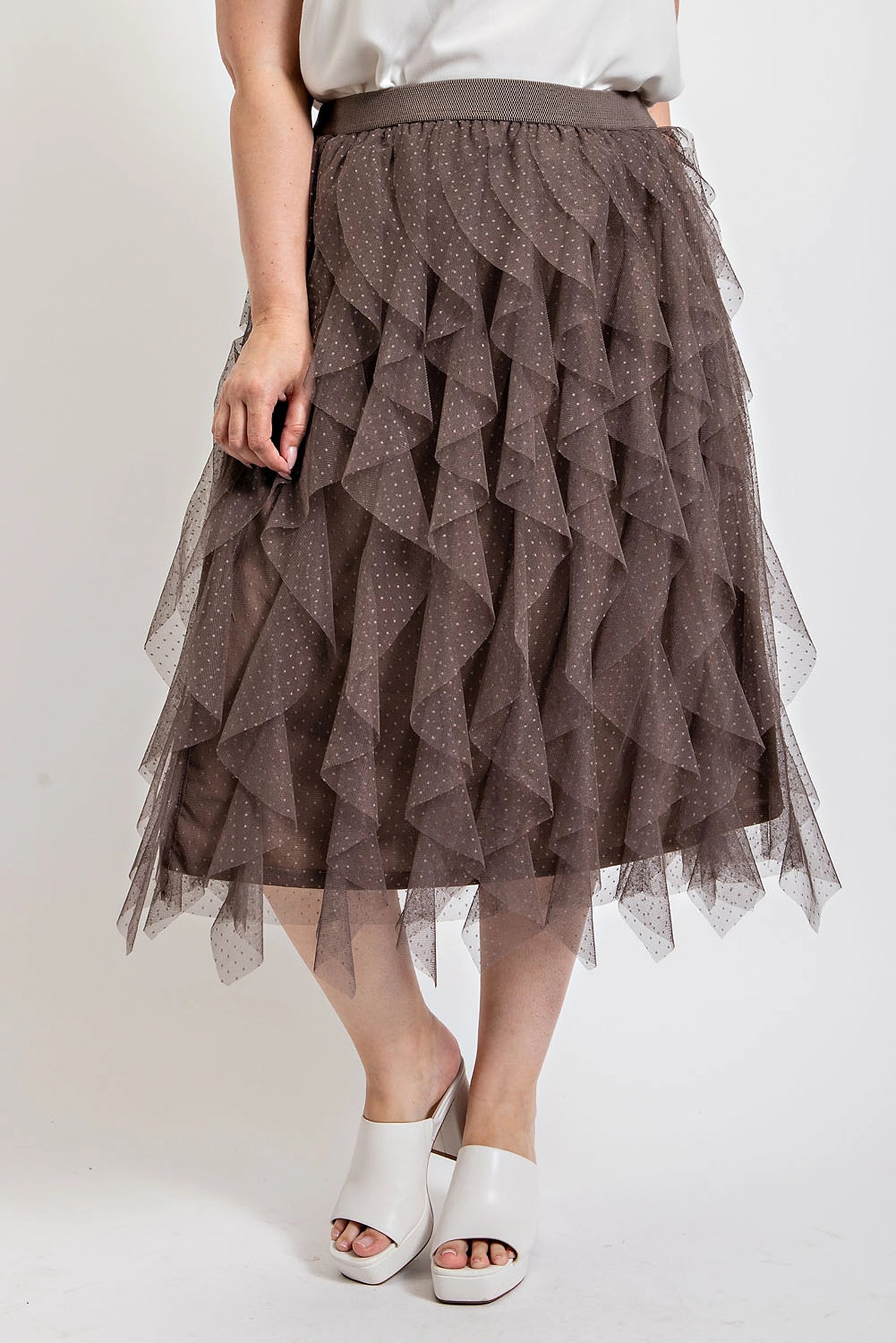 Ruffled Tulle Midi Skirt With Elastic Waist Band | us.meeeshop