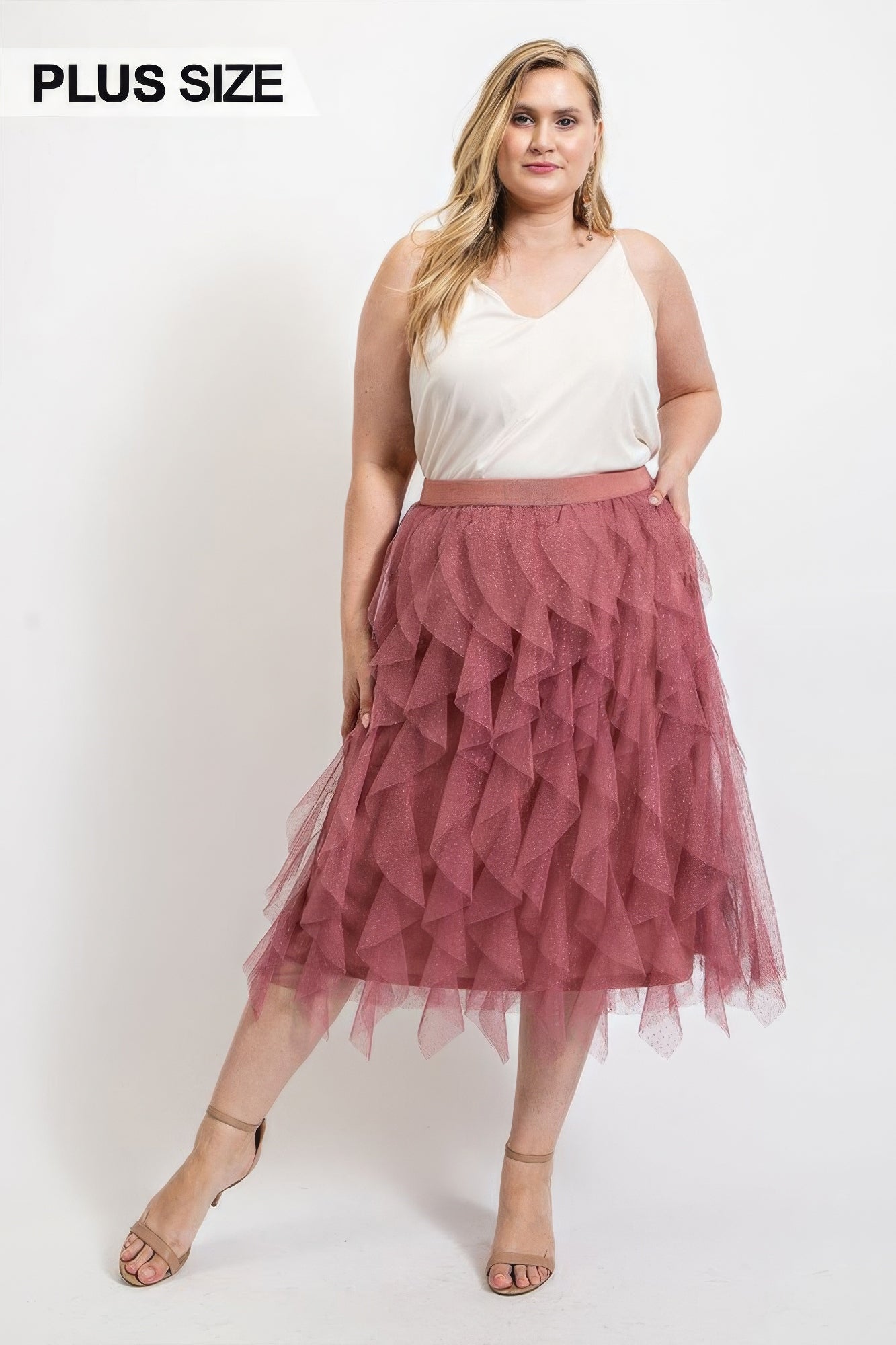 Ruffled Tulle Midi Skirt With Elastic Waist Band | us.meeeshop