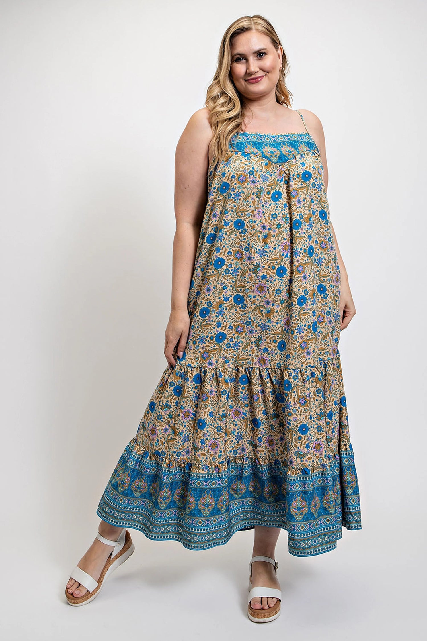 Floral And Aztec Print Drop Down Maxi Dress With Spaghetti Strap | us.meeeshop