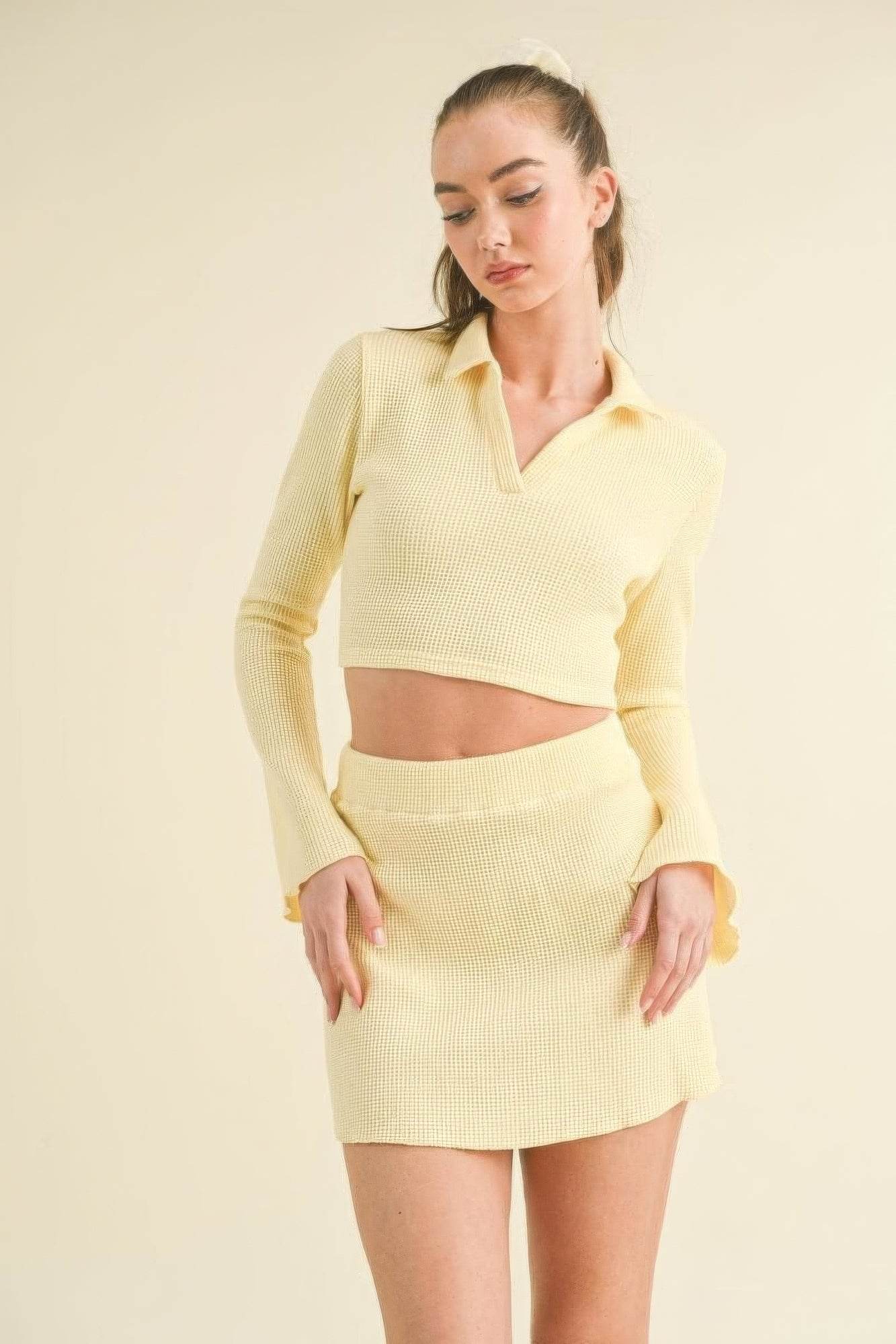 Waffle Knit Bell Sleeve Top And Skirt Set - us.meeeshop